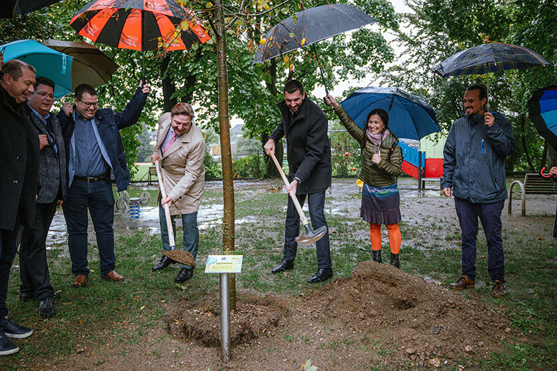 Bei strömenden Regen wurde im Schillerpark ein Freundschaftsbaum gepflanzt. Foto: Stadt Villach/Karin Wernig