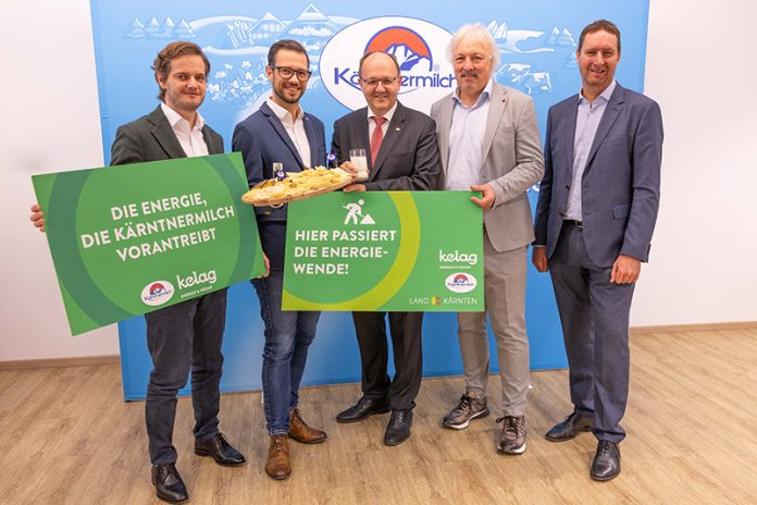 Kooperation Kelag Energie und Wärme und Kärntnermilch: Am Foto von links Christoph Herzeg (Geschäftsführer Kelag Energie & Wärme), Landesrat Sebastian Schuschnig, Helmut Petschar (Geschäftsführer Kärntnermilch), Adolf Melcher (Sprecher der Geschäftsführung der Kelag Energie & Wärme) und Reinhard Draxler (Vorstand Kelag). Foto: Kelag